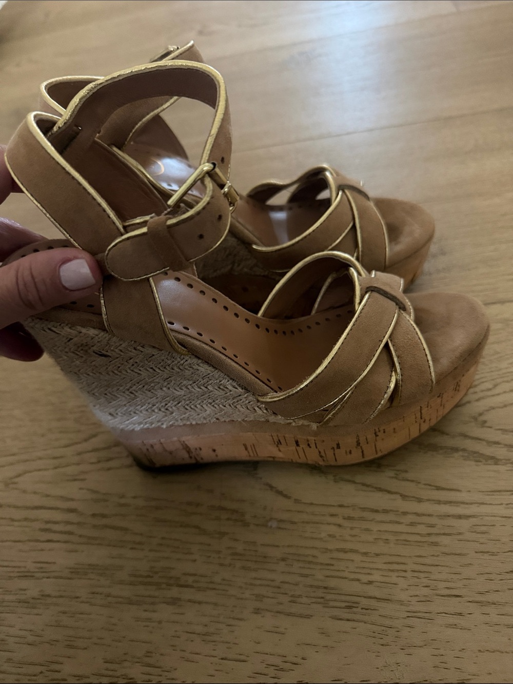 Ash Tan Wedge Espadrille Sandals with Gold Trim